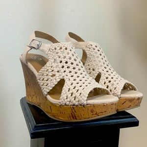 Tan woven cork wedge sandals
